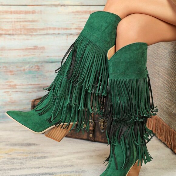 Green Western Women's Knee-High Faux Suede Cowboy Boots - Picture 2 of 7